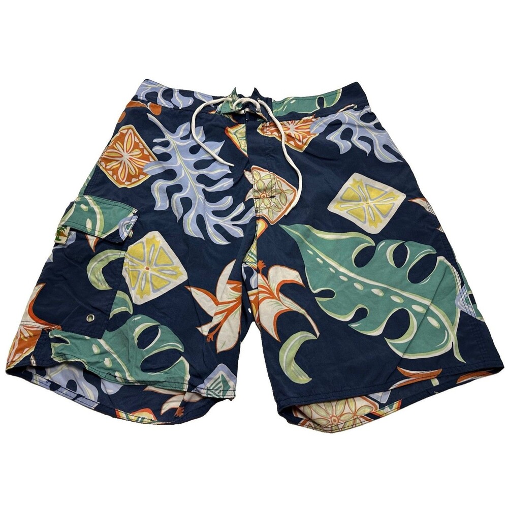 Vintage Kahala Floral Print Boardshorts 9" Size 33 Navy Blue Made in Hawaii